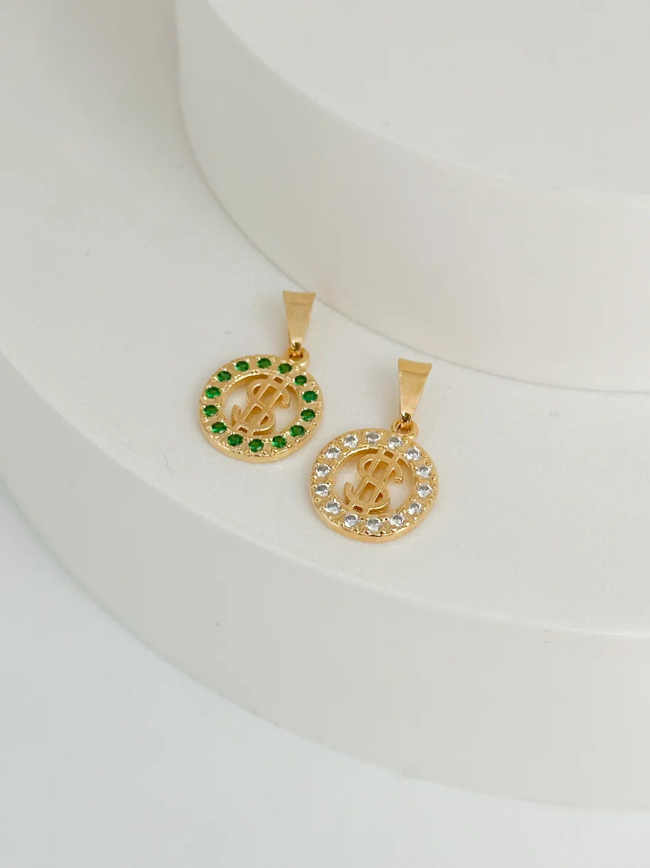 Dije redondo signo peso con circon verde y blanco